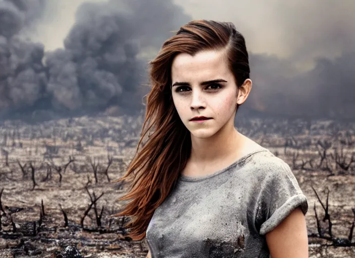 Image similar to emma watson portrait, battle of khe sanh, landscape background burned trees,