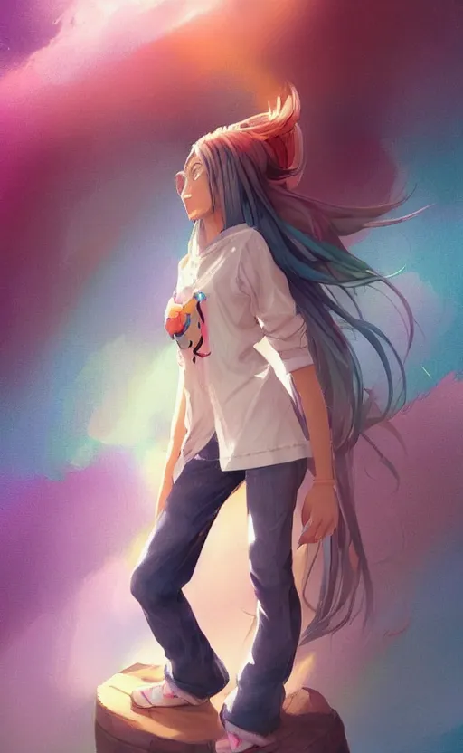 Image similar to a kawaii woman with rainbow hair, soft eyes and narrow chin, dainty figure, long hair straight down, kawaii shirt and jeans, basic white background, In style of by Jordan Grimmer and greg rutkowski, crisp lines and color