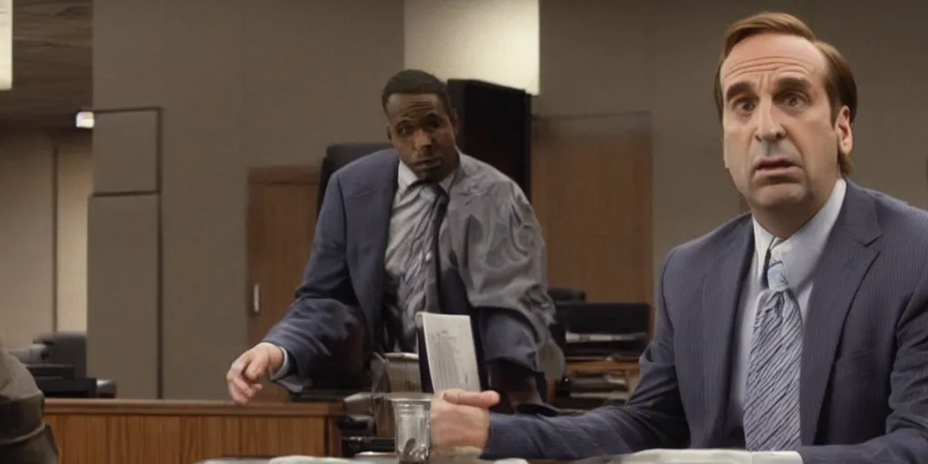 Image similar to saul goodman defending michael scott in a court