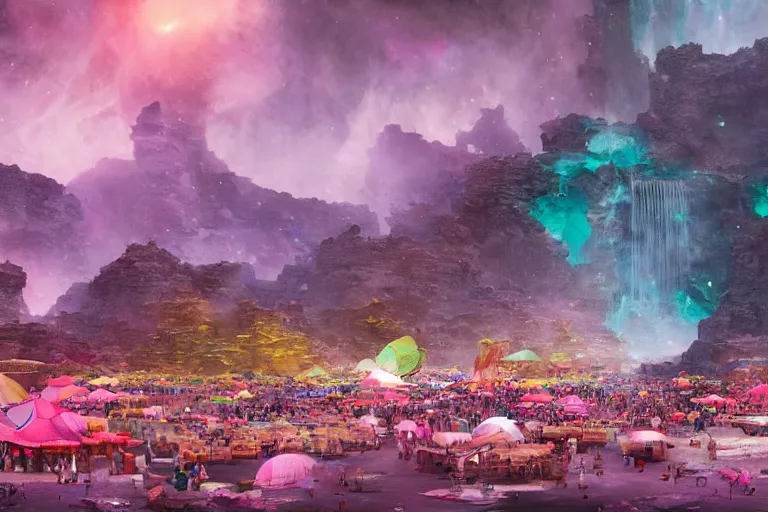 Prompt: floating markets of times square on new york on danakil depression with acid pools in grand mount roraima during sakura season on an interstellar aurora borealis, pink waterfalls, vendors, festivals, fun, by peter mohrbacher, james jean, james gilleard, greg rutkowski, vincent di fate, rule of thirds, octane render, beautiful landscape