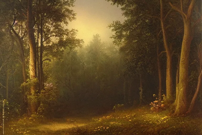 Prompt: dark and spooky painting of a forest dimly lit at night with purple morning glory flowers trailing on the ground at the base of trees. muted colour palette, detailed oil painting by asher brown durand