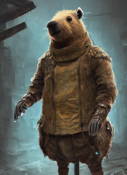 Image similar to detailed full body concept art illustration, dark soft focus, plague style oil painting on canvas of an anthropomorphic capybara doctor in full intricate clothing, biomutant, dystopian, micro detail, octane render, 4K