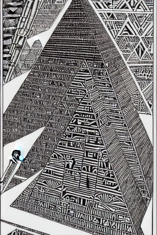 Image similar to a black and white drawing of a egyptian pyramid cityscape, a detailed mixed media collage by hiroki tsukuda and eduardo paolozzi and moebius, intricate linework, sketchbook psychedelic doodle comic drawing, geometric, street art, polycount, deconstructivism, matte drawing, academic art, constructivism