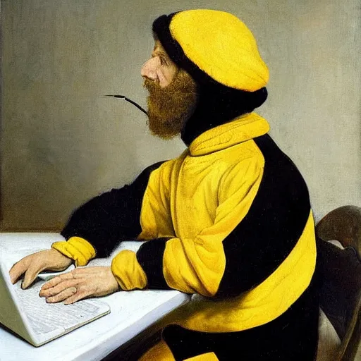 Image similar to tired man in a bumblebee costume drinks coffee in front of a laptop, highly detailed, masterpiece, renaissance, oil on canvas