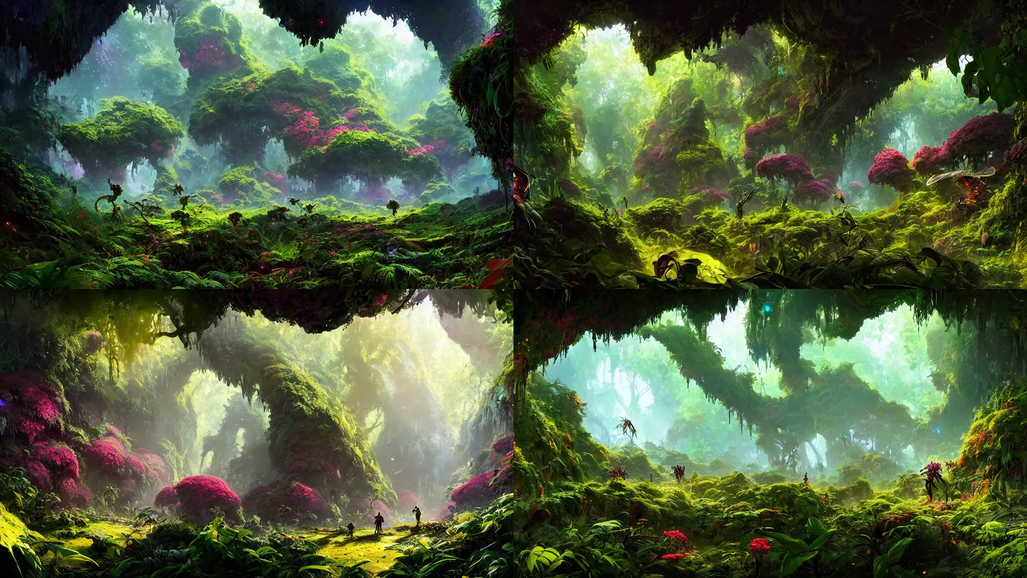 Prompt: an overgrown forest, big alien bee, full of glowing plants and vividly colored flowers, with warm light dappled through the leaves, and a vine-covered cave entrance in shadow, Wadim Kashin, in Peter Elson color scheme, featured in artstation, octane render, cinematic, elegant, intricate, 8k