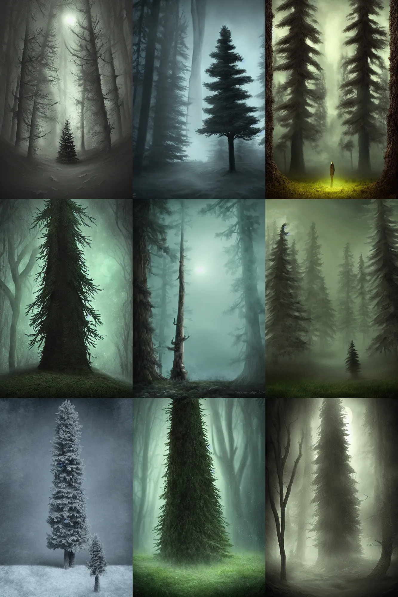 Prompt: anthropomorphic spruce tree, eerie dark atmosphere, back light, matte painting in fantasy style