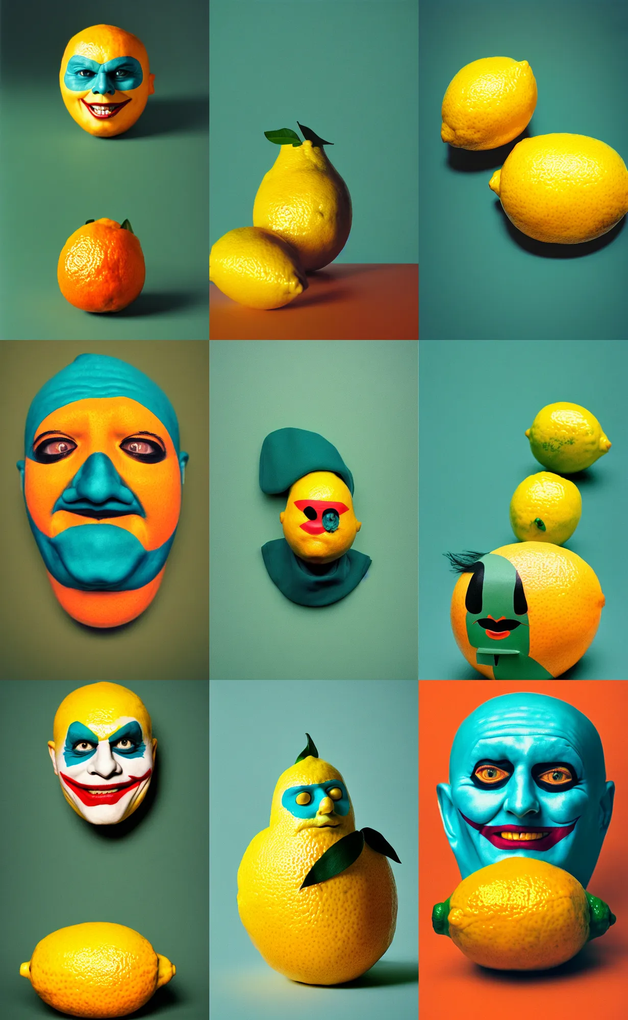 Prompt: kodak portra 4 0 0, 8 k, shot of a highly detailed, britt marling style, colour still - life portrait of a lemon with face of 1 9 9 9 joker, teal and orange, muted coloures