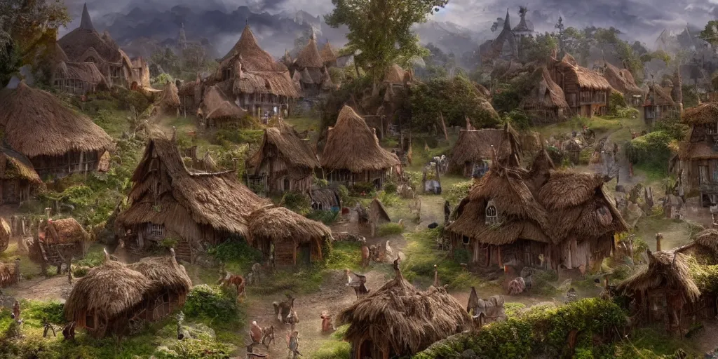 Image similar to beautiful matte painting of a fantasy village by weta workshop 4 k, cinematic dramatic atmosphere, dramatic lighting