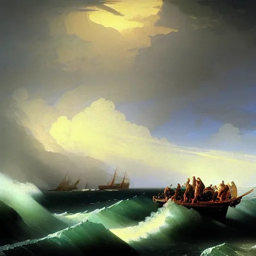 Image similar to a fleet of ancient trojan tiremes, amidst crashing waves and huge looming rocks, in the style of aivazovsky, grim, lightning flashes, sky swirling with black wind, dramatic, realistic, detailed, ancient, artstation, artgerm, digital painting