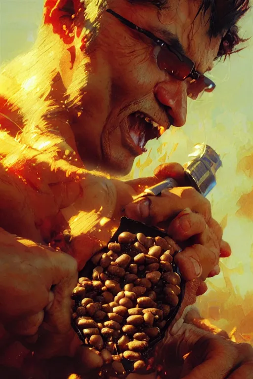 Image similar to nuclear bomb eating beans, extreme close up, portrait dnd, painting by gaston bussiere, craig mullins, greg rutkowski, yoji shinkawa