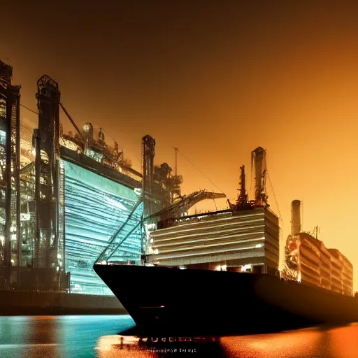 Image similar to photo of immense gigantic industrial futuristic cargo ship arrives at futuristic city sea port, dark cinematic lighting