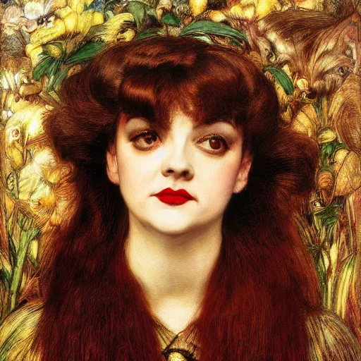 Image similar to portrait of a hybrid of a hybrid of judy garland and lady gaga and christina ricci with marfan syndrome, with a brown fringe, holman hunt, john william waterhouse, kilian eng, rosetti, john everett millais, william holman hunt, 4 k