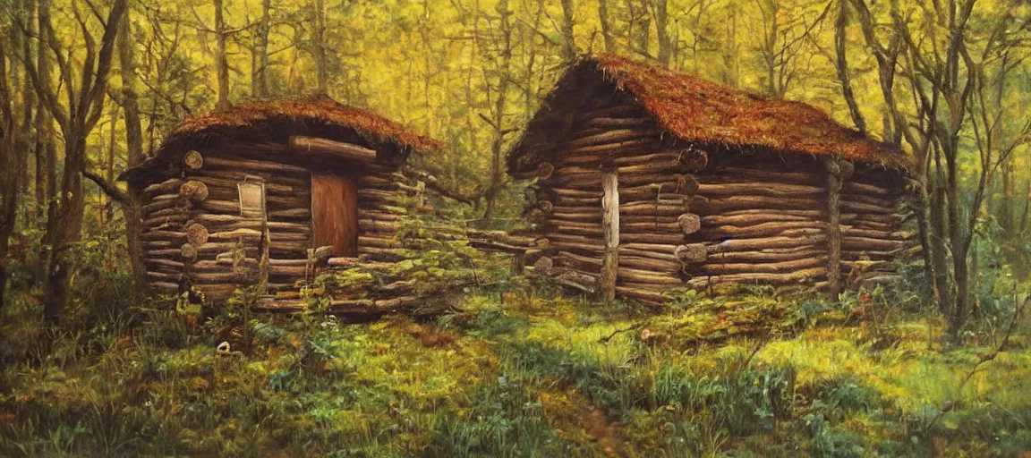 Image similar to realist painting of a log cabin in the forest, beautiful painting, oil on canvas, by Ewa Czarniecka, award winning masterpiece,