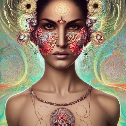 Image similar to sunny leone as humanoid robot, skin flower pattern, highly detailed, expressive eyes, beautiful symmetric body, perfect proportions, highly intricate, art by tom bagshaw and alex gray