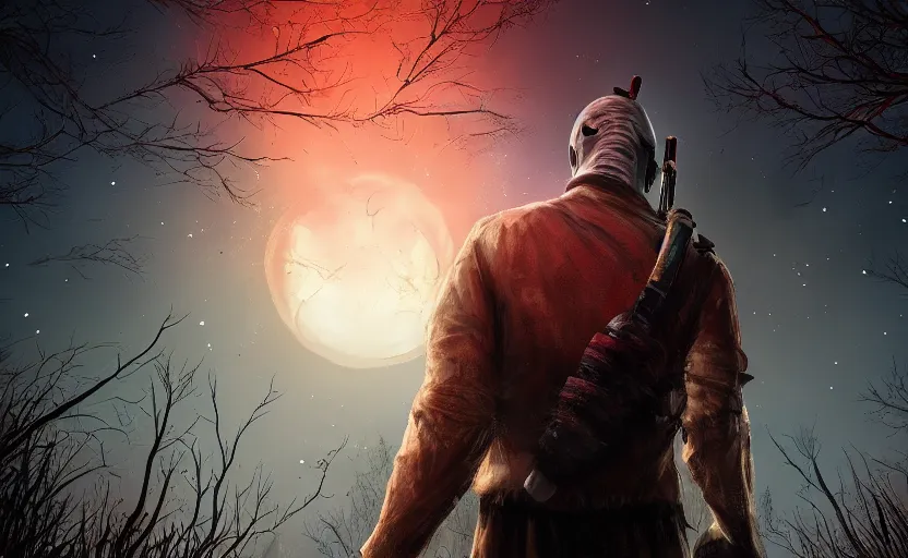 Image similar to cinematic view from behind a dead by daylight killer looking up to the cosmos, stars are aligning, character portrait, digital art
