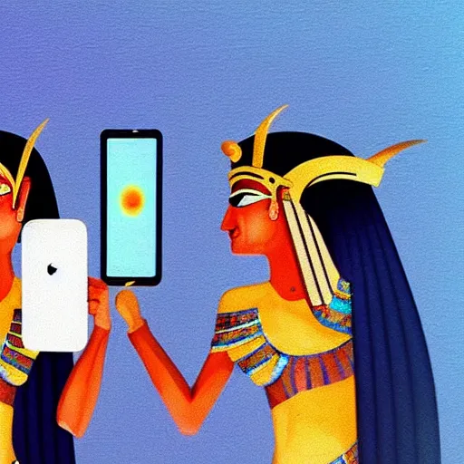 Image similar to egyptian gods playing on their iphones, smooth, sharp focus