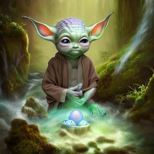 Image similar to tom bagshaw, beautiful kawai miniature baby yoda meditating, mythical shrine, soft painting render curiosities carnival pond river vegetation rocks bugs wildlife mushrooms covered moss bioluminescent wisps, beautiful stunning waterfall, accurate features, focus, very intricate ultrafine details, random volumetric lighting, fog, award winning masterpiece, octane render 8 k hd, artstation