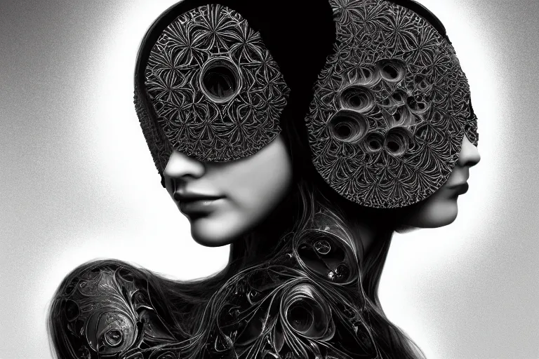 Image similar to portrait of a young beautiful woman with a mask. contemporary photograph, speed painting, fractal, mandelbulb. black and white. intricate, elegant, super highly detailed, professional digital painting, artstation, concept art, smooth, sharp focus, no blur, no dof, extreme illustration, Unreal Engine 5, Photorealism, HD quality, 8k resolution, cinema 4d, 3D, beautiful, cinematic, art by artgerm and greg rutkowski and alphonse mucha and loish and WLOP