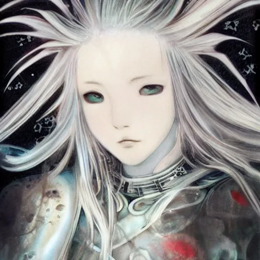 Image similar to yoshitaka amano blurred and dreamy realistic illustration of an anime girl with wavy white hair fluttering in the wind and cracks on her face wearing elden ring armour with the cape, abstract black and white patterns on the background, noisy film grain effect, highly detailed, renaissance oil painting, weird portrait angle