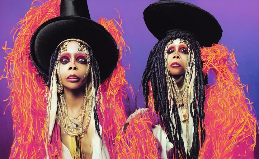 Prompt: “erykah badu as a voodoo queen wearing flowing black robes and a disco tophat , by James turell, by Laurie Lipton, by Thomas kinkade, 8k resolution, realistic shadows, 3D, rendered in octane, volumetric lighting, hyper detailed, photorealistic, voodoo”