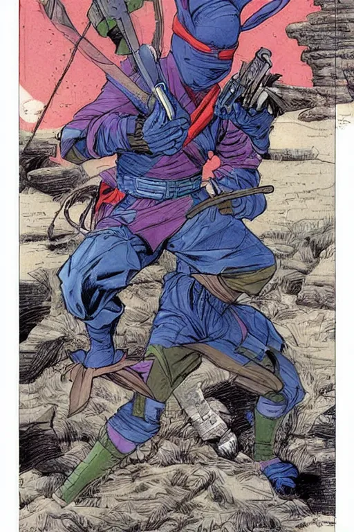 Prompt: awesome rabbit dressed as a ninja. concept art by James Gurney and Mœbius.