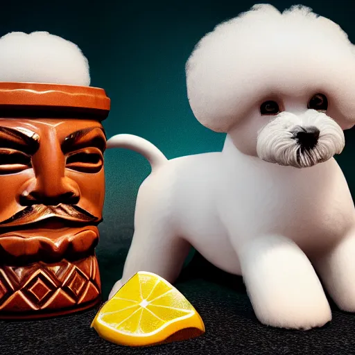 Image similar to a photorealistic photograph of a Trader Vic's Tiki Mug featuring a Bichon Frisé puppy at bar Trending on Artstation, featured on Behance, well-rendered, Unreal Engine, 4K HD