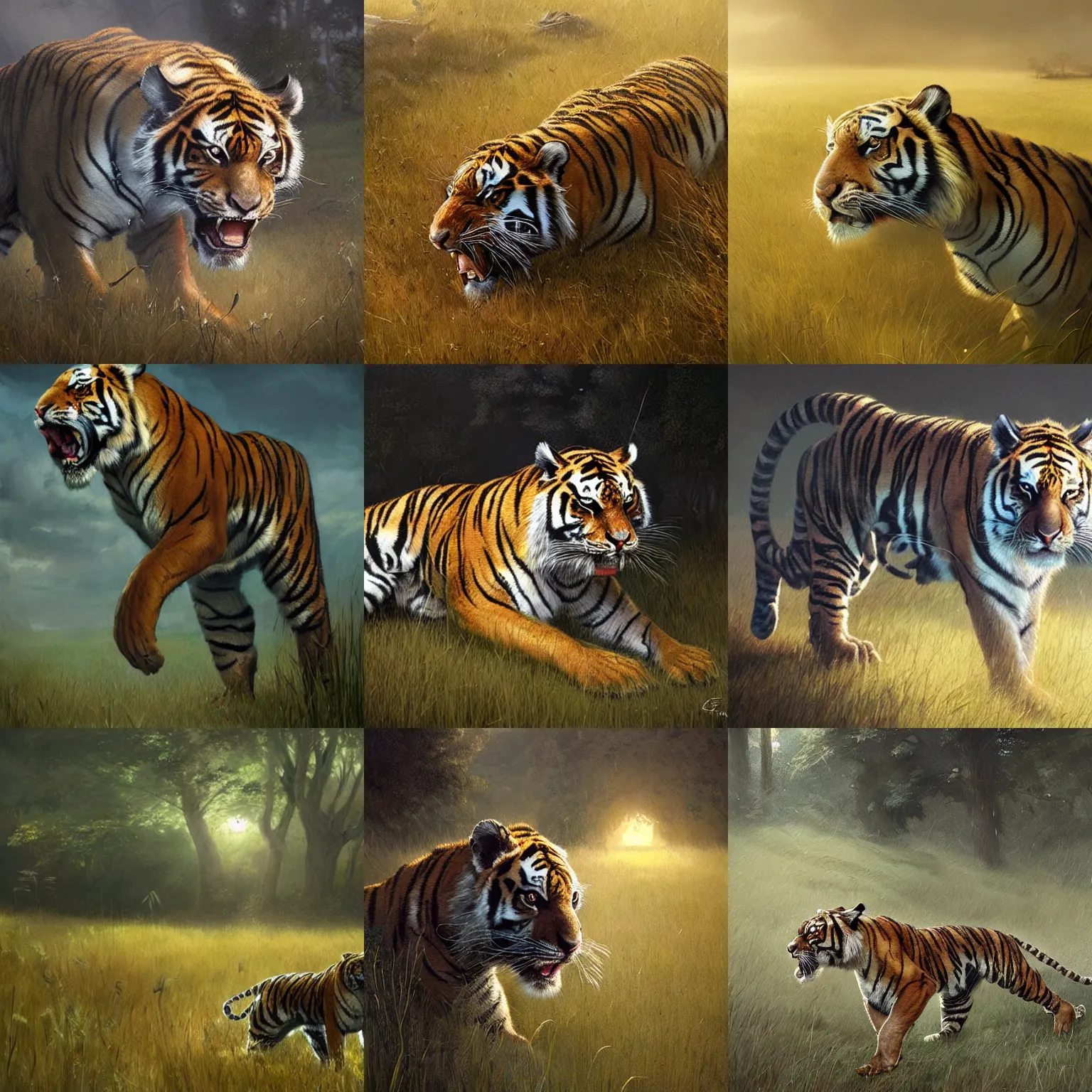 Prompt: roaring tiger on grass. atmospheric lighting. highly detailed digital painting by greg rutkowski.