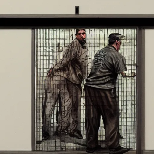 Prompt: hyperrealism painting of prisoners trying to escape prison while guards are distracted