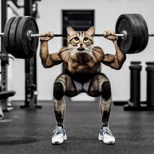 Prompt: an anthropomorphic cat doing deadlifts weight training exercise with a loaded barbell at a gym