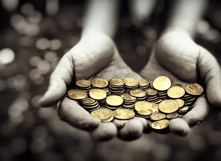 Image similar to old retro burnt out sepia photograph with scratches of an old and wrinkled hand holding a few golden coins with royal engravings. magical forest in the background with bokeh. Antique. High quality 8k. Intricate. Sony a7r iv 35mm. Award winning. Zdzislaw beksinski style