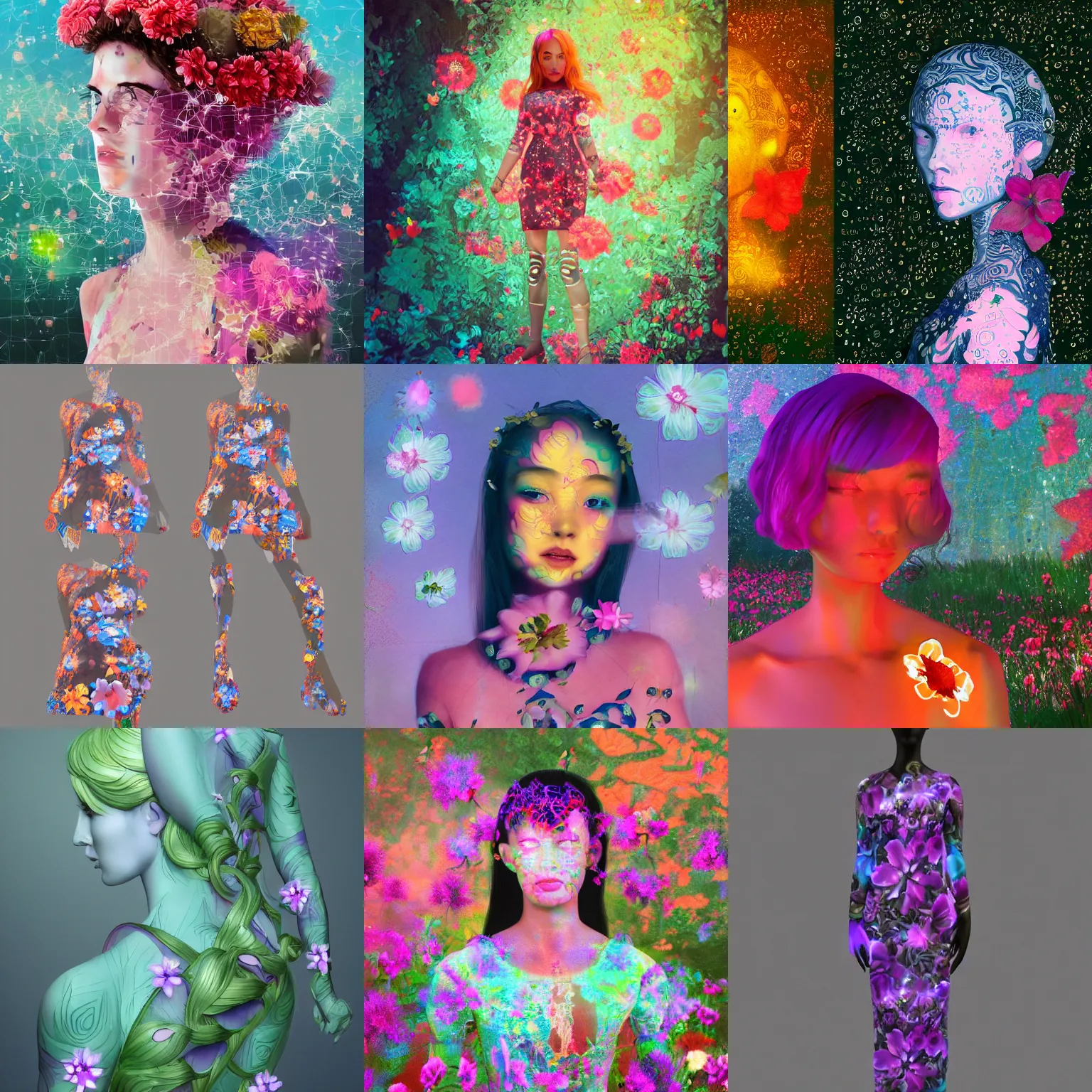 Prompt: ai - generated art, generated by an ai image generator who read this caption. tags : detailed, neural, self - aware, design your own avatar, lady with glowing flowers dress, matte painting, trending on artstation