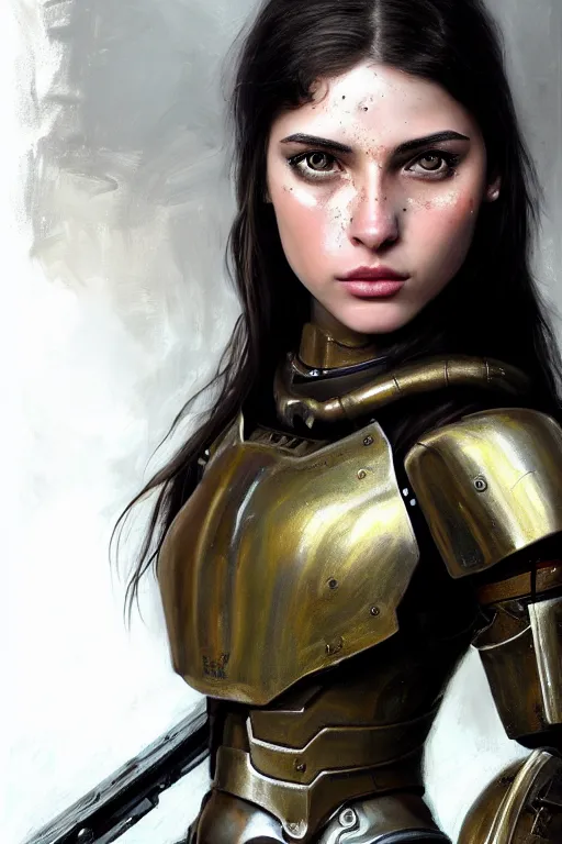 Prompt: a photorealistic painting of an attractive young girl, partially clothed in metal-plated battle armor, wielding a plasma rifle, dirty olive skin, long dark hair, beautiful bone structure, perfectly symmetrical face, perfect eyes, intricate, elegant, digital painting, concept art, illustration, sharp focus, minimal artifacts, volumetric lighting, from Metal Gear, in the style of Ruan Jia and Mandy Jurgens and Greg Rutkowski, trending on Artstation, award winning