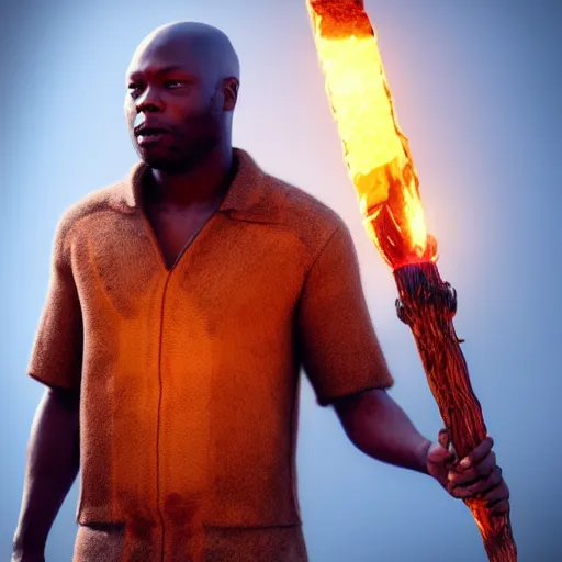 Prompt: William Gallas wearing an animal hide tunic holding a glowing fire magical staff. Trending on Artstation, octane render, ultra detailed, art by Ross tran