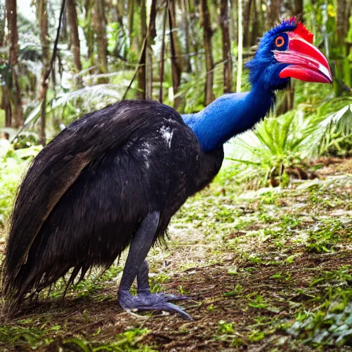 Prompt: angry middle aged lady standing over a dead cassowary in the jungle, greek ethnicity, thin face structure, uncombed straight grey black hair, tribalism, photo, realistic, outdoor lighting, 4 k, 8 k, hd, 3 9 mm lens