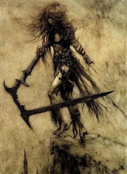 Prompt: barbarian girl with sword by Beksinski and Arthur Rackham
