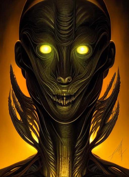 Image similar to symmetry!! portrait of grotesque alien, sci - fi, glowing lights!!, horror, intricate, elegant, dark design, highly detailed, dark lighting, digital art, digital painting, artstation, smooth, sharp focus, illustration, art by artgerm and h r giger and greg rutkowski and alphonse mucha, 8 k