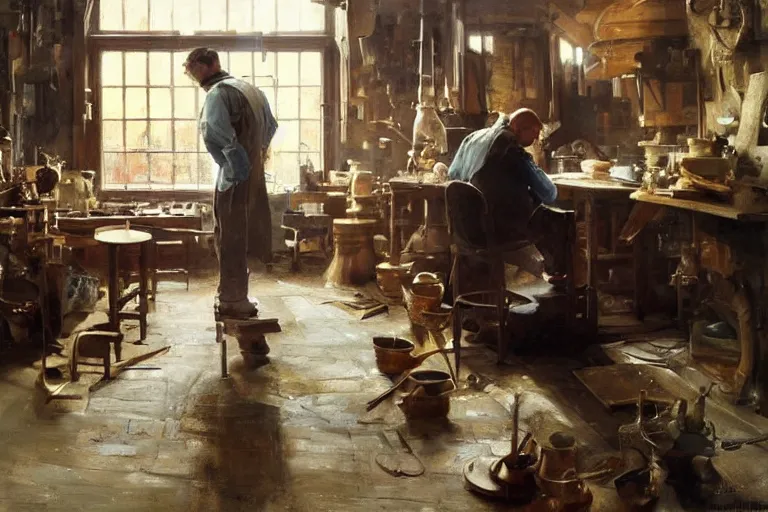 Image similar to oil painting of potter working on a beautiful piece in their workshop, art by anders zorn, wonderful masterpiece by greg rutkowski, beautiful cinematic light, american romanticism by greg manchess, jessica rossier and norman rockwell