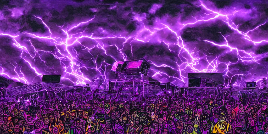 Prompt: view from stage as purple lightning strikes while rapper performs at festival, psychedelic light show, digital art, vapor wave, hip hop, trending on Artstation, professional artist, detailed, 4k