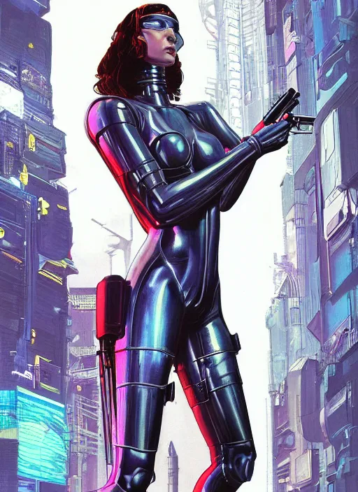 Image similar to cyberpunk goddess of ai in tactical harness and jumpsuit. portrait by stonehouse and mœbius and will eisner and gil elvgren and pixar. realistic proportions. dystopian. cyberpunk 2 0 7 7, apex, blade runner 2 0 4 9 concept art. cel shading. attractive face. thick lines.