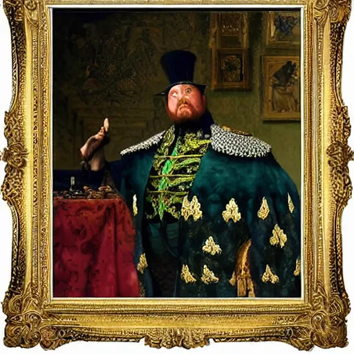 Prompt: Emperor Squangus XIV the Splangdificent of Frog Kingdom, royal portrait painting commissioned from Ilya Repin