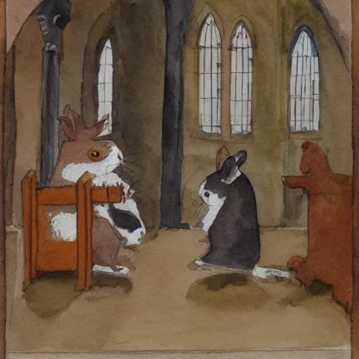 Image similar to a guinea pig and a rabbit playing chess in a cathedral, watercolour