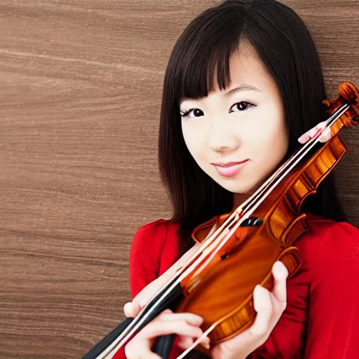 Prompt: cute asian girl playing the violin, focused, highly detailed, red dress