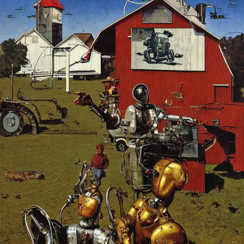 Prompt: portrait painting of a robot made of shiny reflective chrome in front of a barn and farm, painted by norman rockwell. agricultural scene. pulp sci - fi art for omni magazine. high contrast. baroque period, oil on canvas. renaissance masterpiece. trending on artstation. retrofuturism.