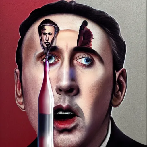 Image similar to Drinking from bottle liquid with face Nicolas Cage, Surrealism, Surreal drawing, Digital art, from artstation, art by Salvador Dali