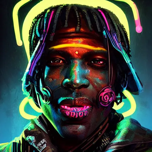 Image similar to papa legba, neon graffiti, Apex Legends character digital illustration portrait design, by android jones and greg rutkowski in a cyberpunk voodoo style, retrowave color scheme, detailed, cinematic lighting, wide angle action dynamic portrait