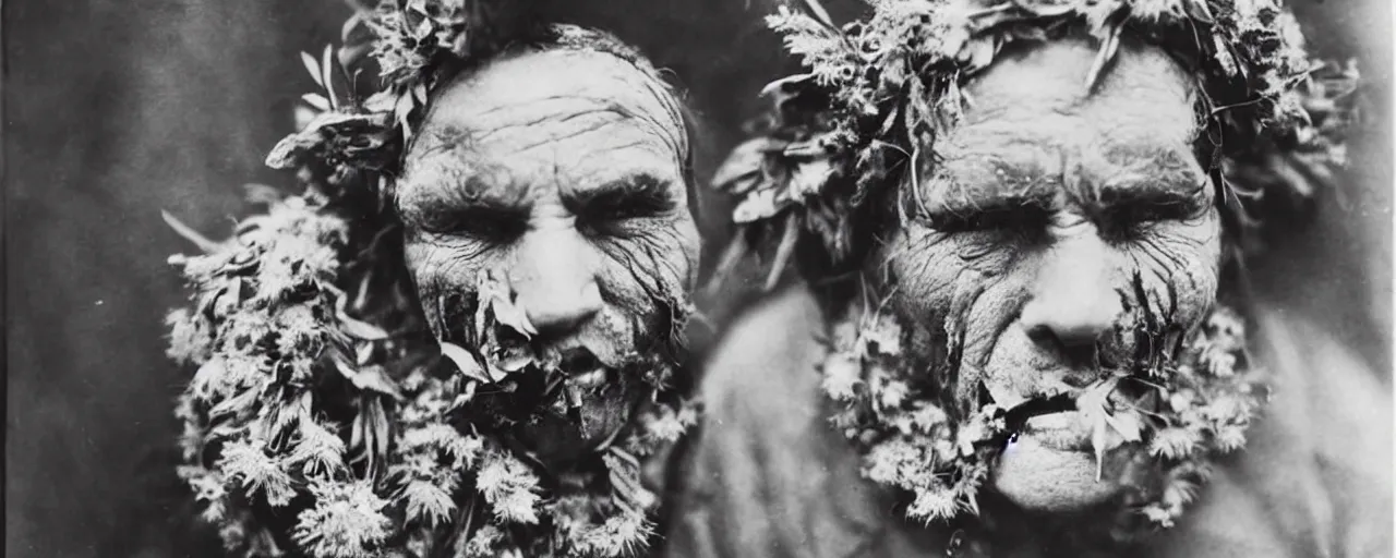 Image similar to 1920s portrait photography of an alpine old farmer transforming into a monster, edelweiss growing out of his face, devilish horns on his head