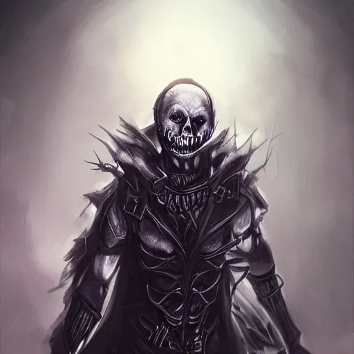 Image similar to photorealistic dark fantasy concept art of nightmare sans with his eye glowing, dynamic lighting, stunning visuals, ray tracing, beautiful scenery, cinematic, full body portrait, ultra detailed, hyper detail, stunning detail