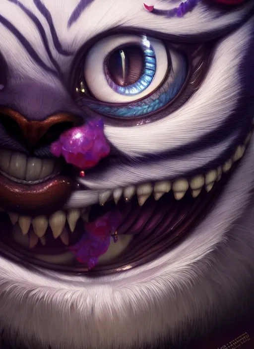 Image similar to cheshire cat, realistic, intricate, elegant, highly detailed, digital painting, artstation, concept art, smooth, sharp focus, illustration, art by wlop, mars ravelo and greg rutkowski