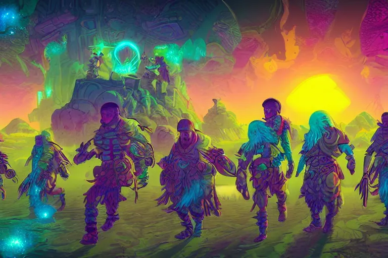 Image similar to group of gamma world mutant merchant nomads walking through a psychedelic landscape, in the style of Rob Lefield, trending on artstation, light lighting side view,digital art,surrealism ,macro,blueprint ,vaporwave ,