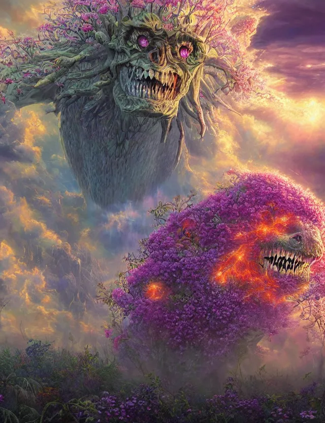 Prompt: A terrifying giant monster made of flowers, beautiful atmosphere, god rays, masterpiece digital painting by Alex Grey, Greg Rutkowski, 4k wallpaper